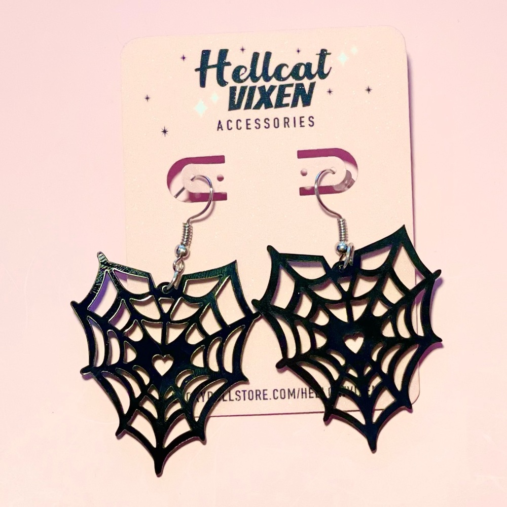 Black Spiderweb Heart Shaped Acrylic Dangling Halloween Gothic Earrings
